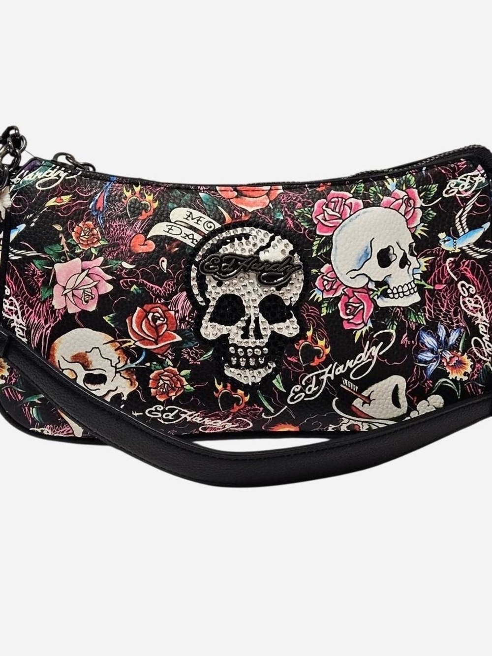 NWT Ed Hardy Black Multi-coloured Shoulder Bag Rhinestone Y2K Tattoo Print
